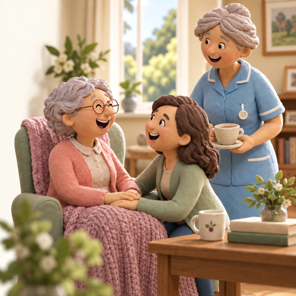 Clay illustration of a daughter holding her mother's hands beside a care worker.