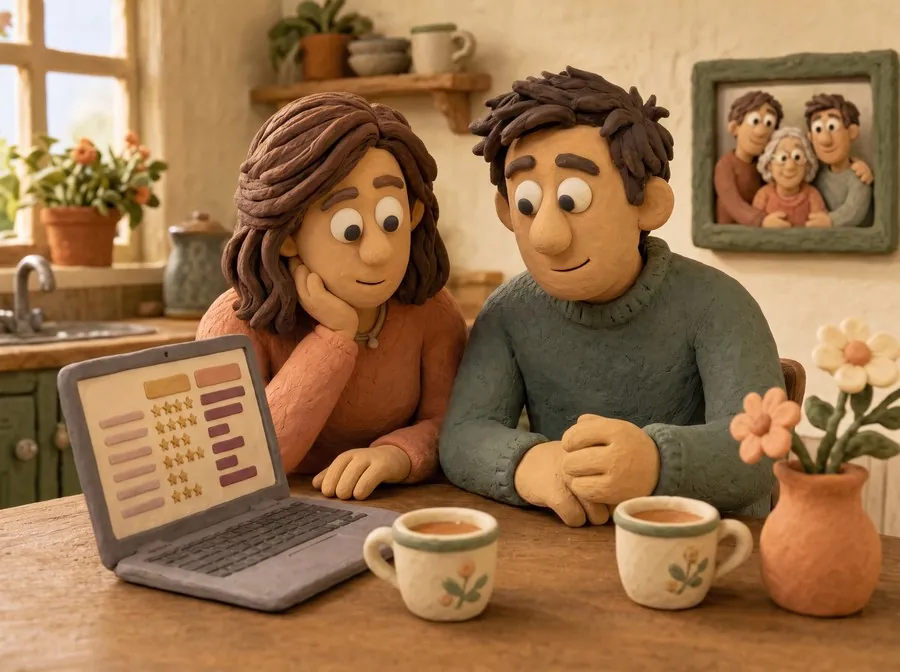 Digital clay-style illustration of two adults comparing options on a laptop.