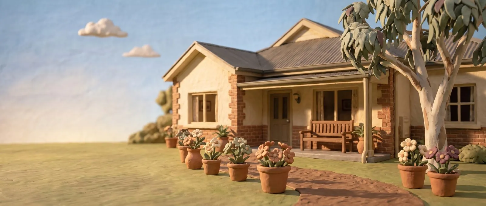 Digital clay-style illustration of a house with a veranda and garden.